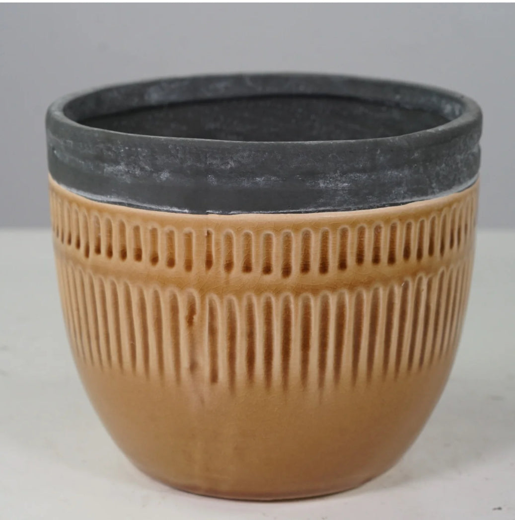 Cognac and Grey Ceramic Pot 6.7”