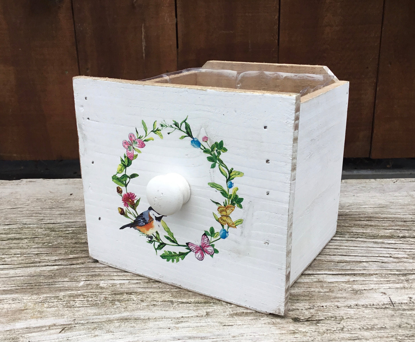 Wooden Container with Handle & Floral Wreath/Bird Design